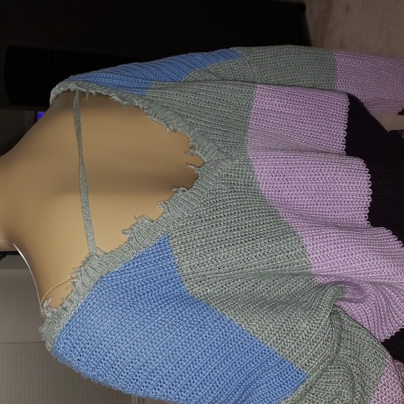 Forever 21 m fringe hem oversized open knit striped sweater vneck lilac cropped - Picture 5 of 8